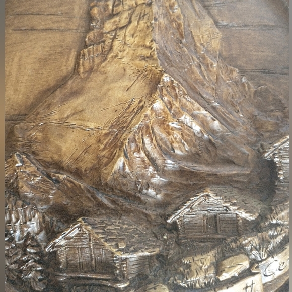 Mid Century "Matterhorn Zermatt Cervin" Carved 3D Resin Faux Wood Wall Art - Picture 7 of 15